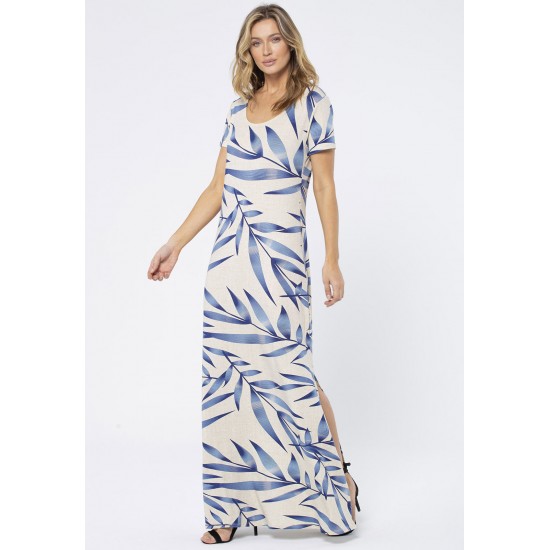 Vestido Longo Malha Gola Canoa Manga Curta Bambu Azul
