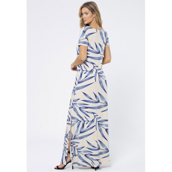 Vestido Longo Malha Gola Canoa Manga Curta Bambu Azul