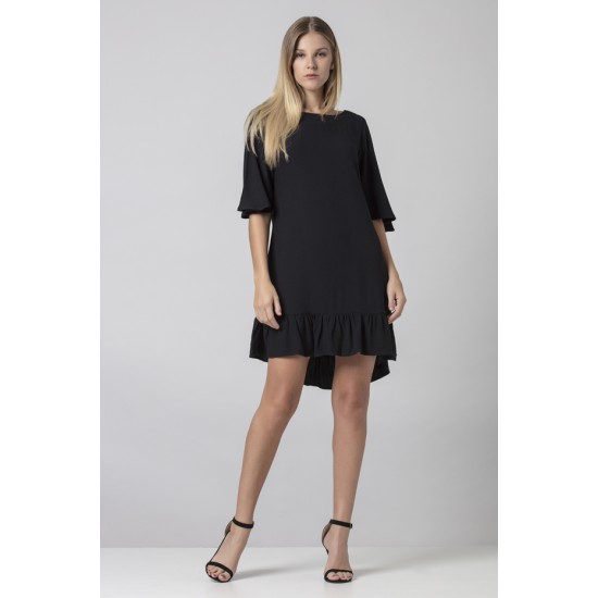 Vestido Curto Viscose Babado Preto