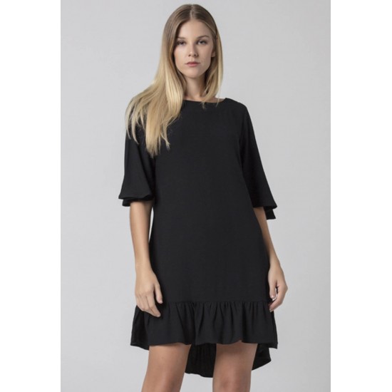 Vestido Curto Viscose Babado Preto
