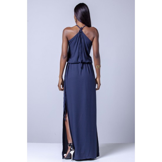Vestido Longo com Amarração na Cintura Azul Marinho