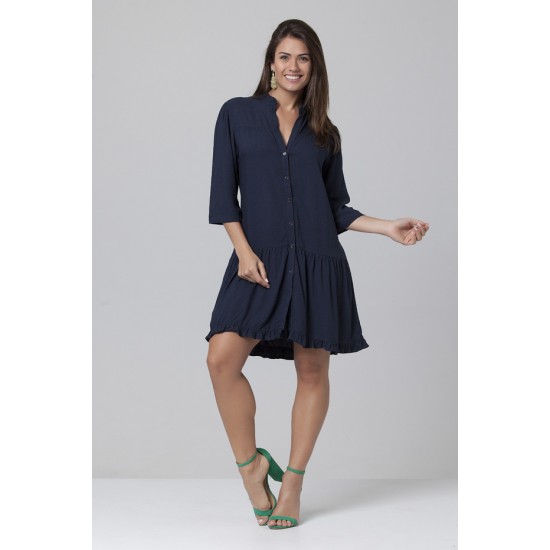 Vestido Curto Caxiri Botton Viscose Manga 3/4 Azul Marinho