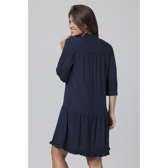 Vestido Curto Caxiri Botton Viscose Manga 3/4 Azul Marinho