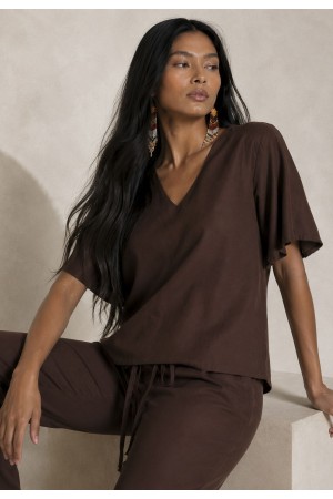 Blusa Gola V Manga Ampla Curta Marrom
