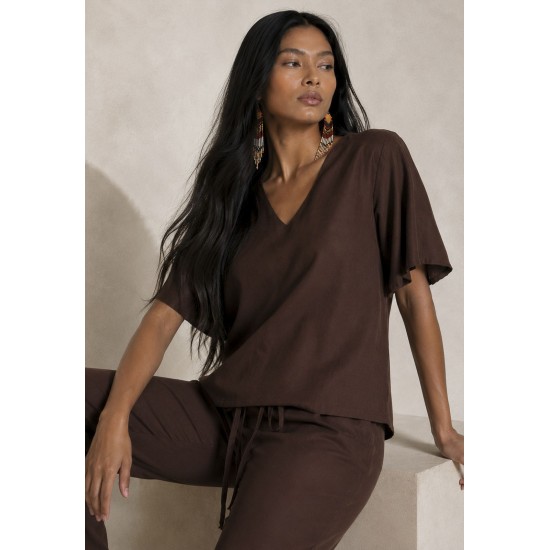 Blusa Gola V Manga Ampla Curta Marrom