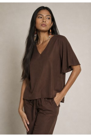Blusa Gola V Manga Ampla Curta Marrom