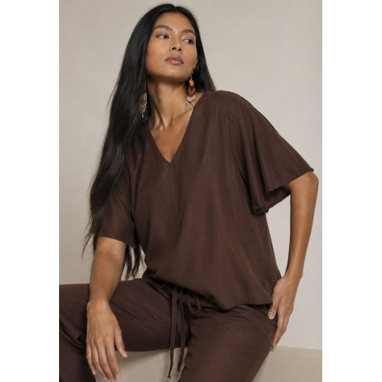 Blusa Gola V Manga Ampla Curta Marrom