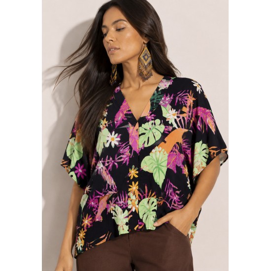 Blusa Gola V Manga Curta Estampa Noite Botânica
