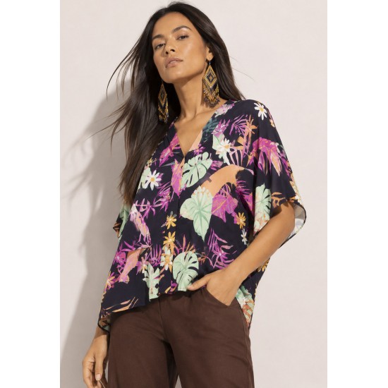 Blusa Gola V Manga Curta Estampa Noite Botânica