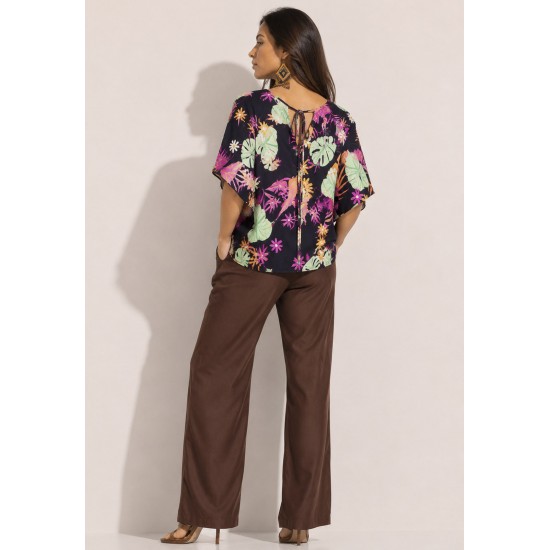 Blusa Gola V Manga Curta Estampa Noite Botânica