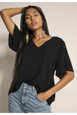 Blusa Gola V Manga Ampla Curta Preta
