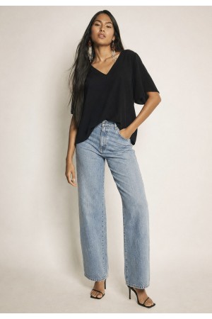 Blusa Gola V Manga Ampla Curta Preta