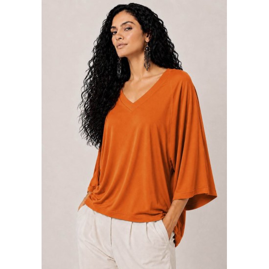 Blusa Ampla Morcego Guyrá Manga 3/4 Malha Laranja