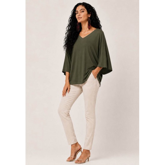 Blusa Ampla Morcego Guyrá Manga 3/4 Malha Verde Musgo