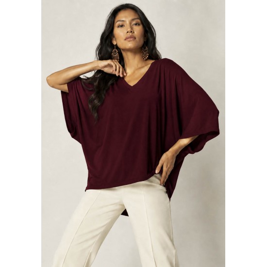 Blusa Ampla Morcego Guyrá Manga 3/4 Malha Bordô