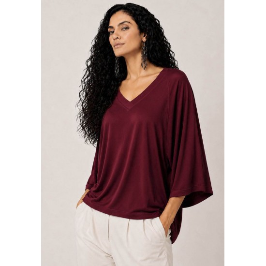 Blusa Ampla Morcego Guyrá Manga 3/4 Malha Bordô