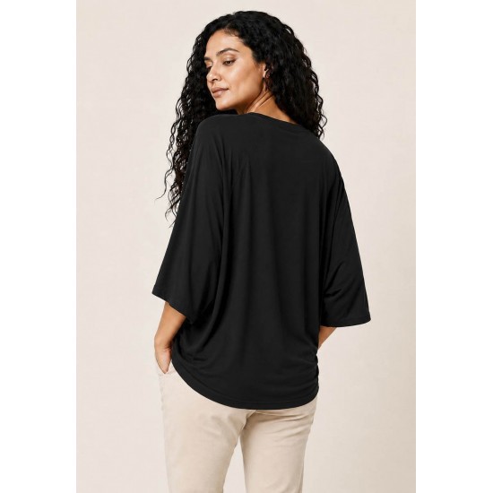 Blusa Ampla Morcego Guyrá Manga 3/4 Malha Preta
