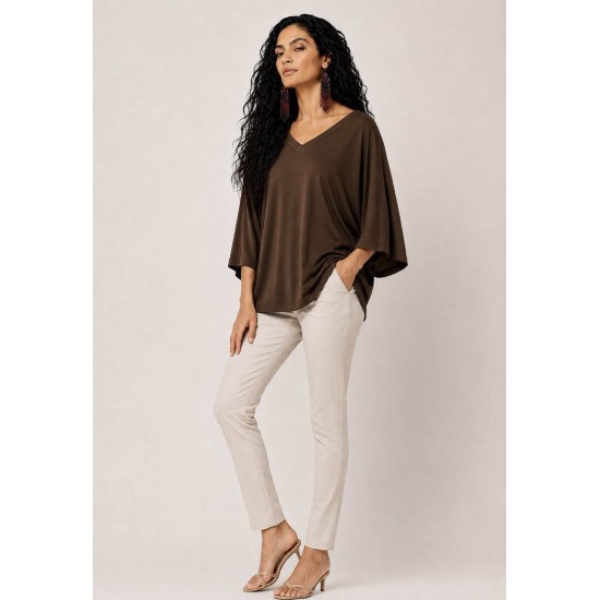 Blusa Ampla Morcego Guyrá Manga 3/4 Malha Marrom