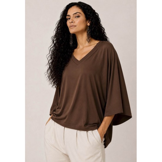 Blusa Ampla Morcego Guyrá Manga 3/4 Malha Marrom