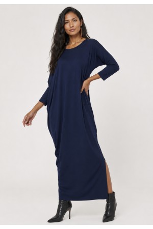 Vestido Longo Morcego Assimétrico Azul Marinho