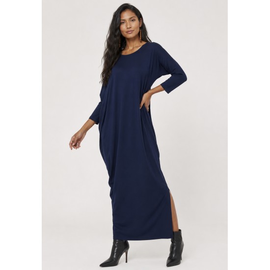 Vestido Longo Morcego Assimétrico Azul Marinho