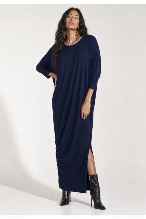 Vestido Longo Morcego Assimétrico Azul Marinho
