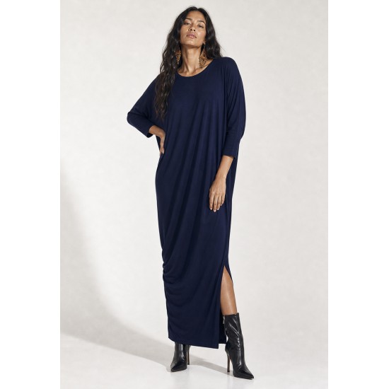 Vestido Longo Morcego Assimétrico Azul Marinho