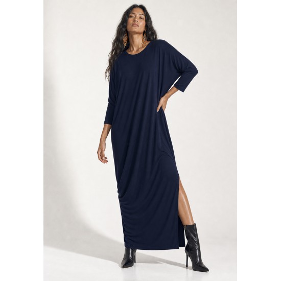 Vestido Longo Morcego Assimétrico Azul Marinho