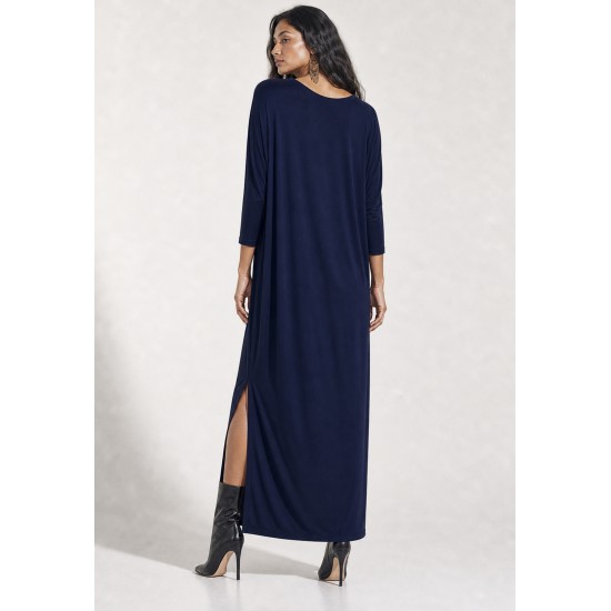 Vestido Longo Morcego Assimétrico Azul Marinho