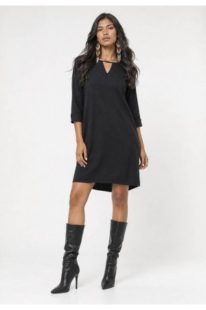 Vestido Chemise Curto Viscose Manga 3/4 Dobrada Preto