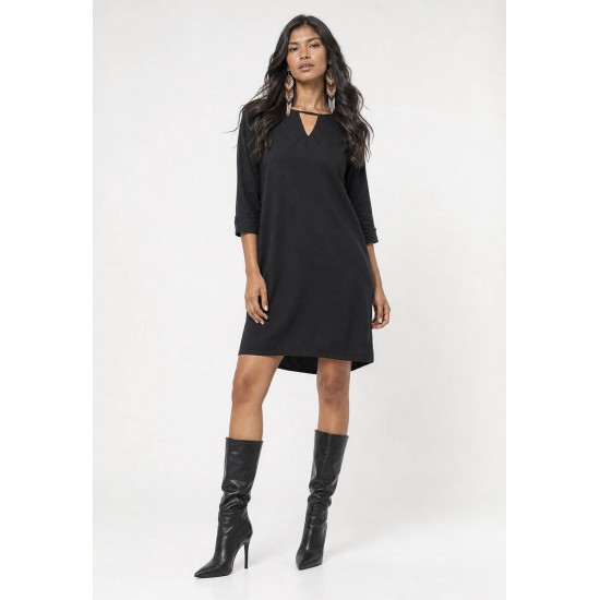 Vestido Chemise Curto Viscose Manga 3/4 Dobrada Preto