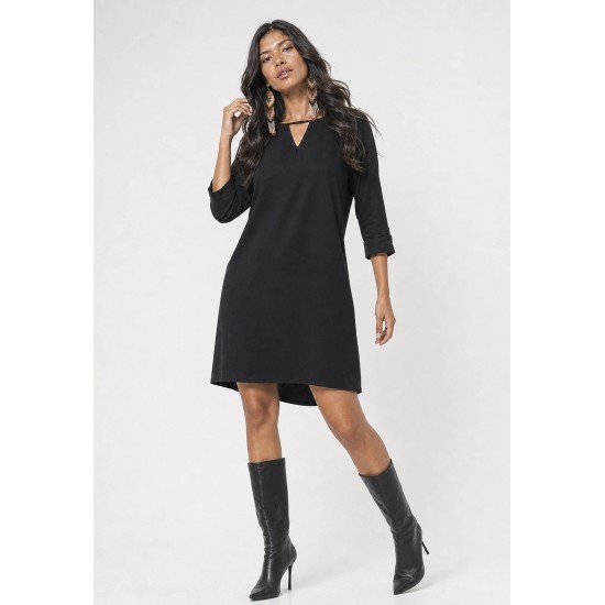 Vestido Chemise Curto Viscose Manga 3/4 Dobrada Preto