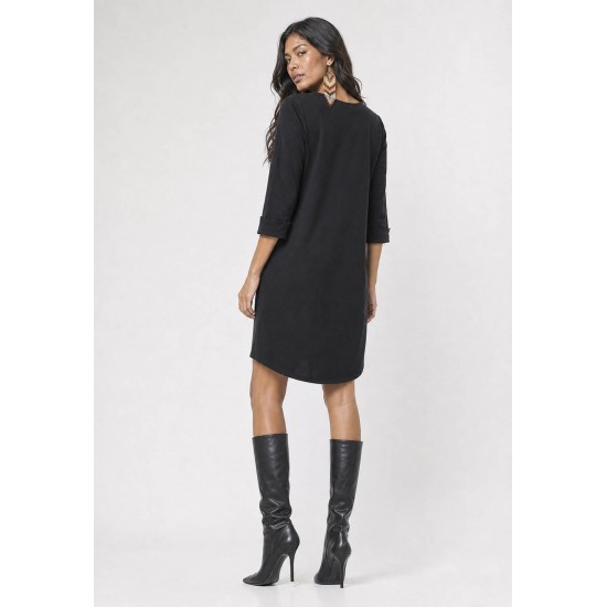 Vestido Chemise Curto Viscose Manga 3/4 Dobrada Preto