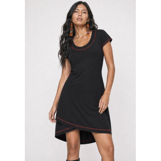 Vestido Mullet Malha Transpassado com Detalhe Vermelho Preto