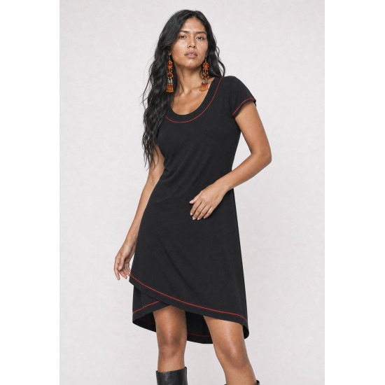 Vestido Mullet Malha Transpassado com Detalhe Vermelho Preto