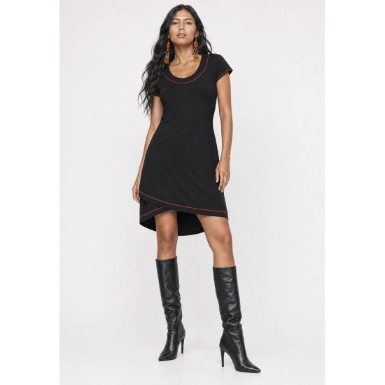 Vestido Mullet Malha Transpassado com Detalhe Vermelho Preto