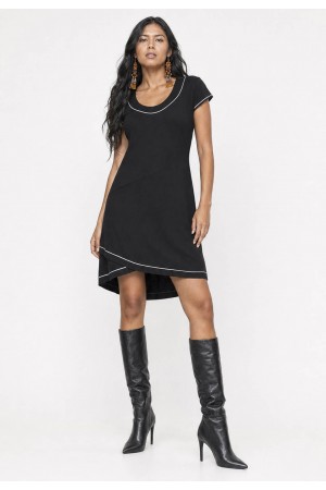 Vestido Mullet Malha Transpassado com Detalhe Branco Preto