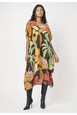 Vestido Kaftan Mutum Detalhes nas Costas Estampa Jardim do Verão