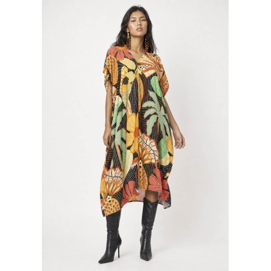 Vestido Kaftan Mutum Detalhes nas Costas Estampa Jardim do Verão