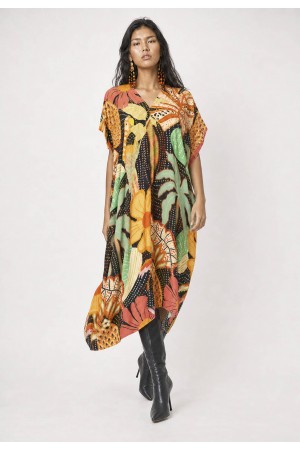 Vestido Kaftan Mutum Detalhes nas Costas Estampa Jardim do Verão