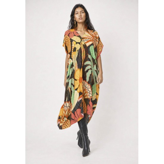Vestido Kaftan Mutum Detalhes nas Costas Estampa Jardim do Verão