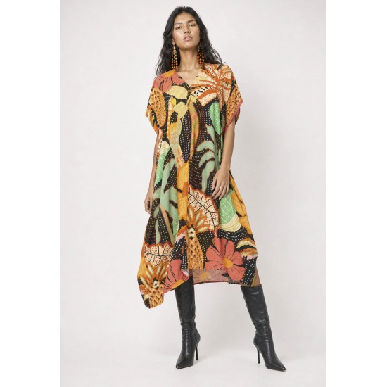 Vestido Kaftan Mutum Detalhes nas Costas Estampa Jardim do Verão