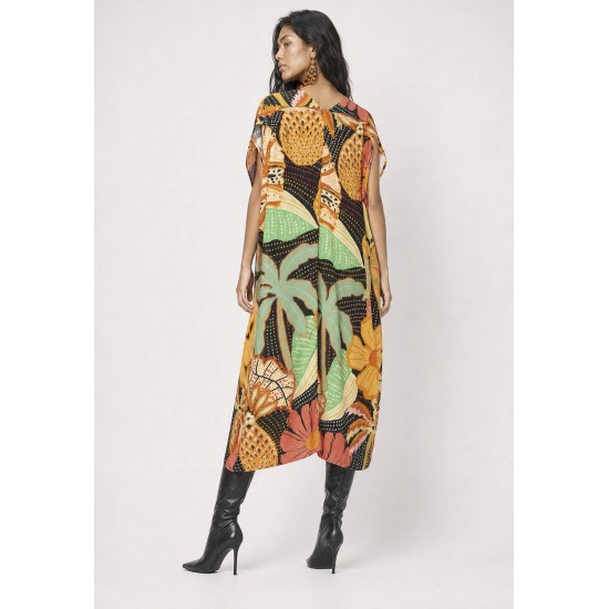 Vestido Kaftan Mutum Detalhes nas Costas Estampa Jardim do Verão