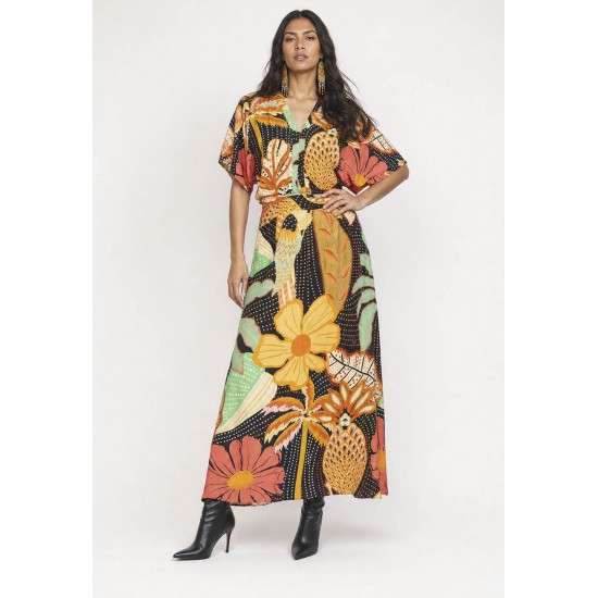Vestido Midi Viscose Morcego Parati com Elástico Estampa Jardim do Verão