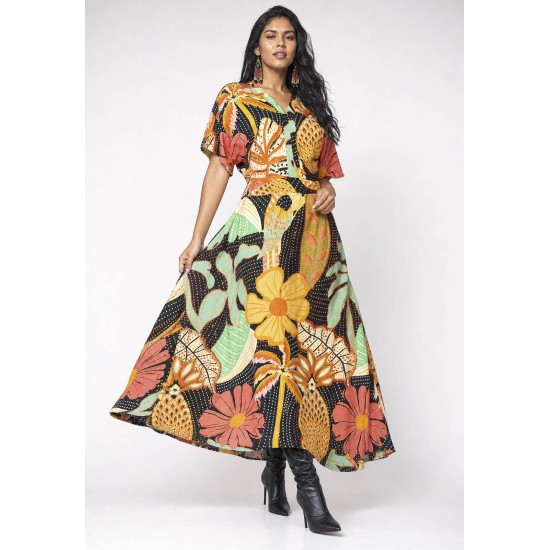 Vestido Midi Viscose Morcego Parati com Elástico Estampa Jardim do Verão