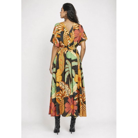 Vestido Midi Viscose Morcego Parati com Elástico Estampa Jardim do Verão