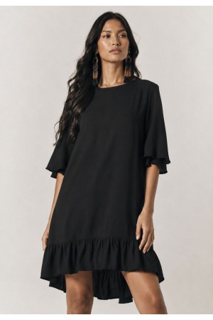 Vestido Curto Viscose Babado Preto