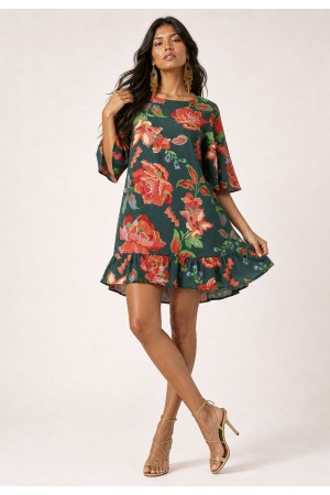 Vestido Curto Viscose Babado Estampa Explosão Floral