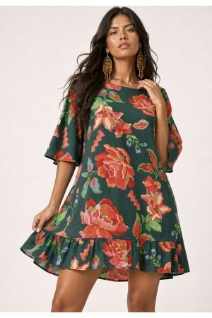 Vestido Curto Viscose Babado Estampa Explosão Floral