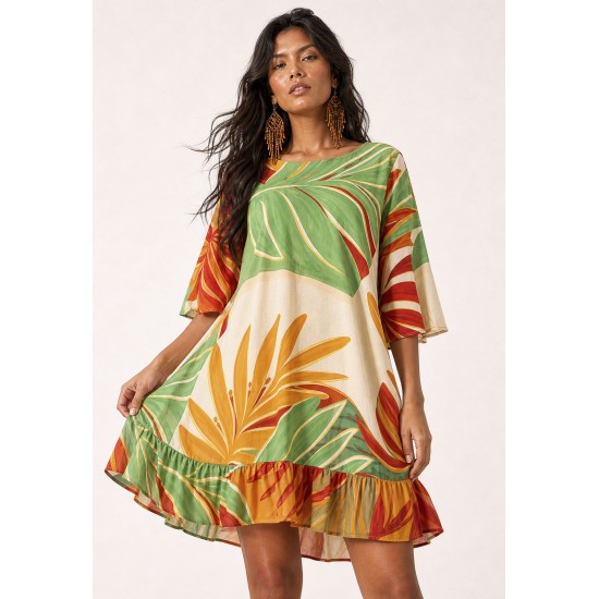 Vestido Curto Viscose Estampa Jardim do Sol